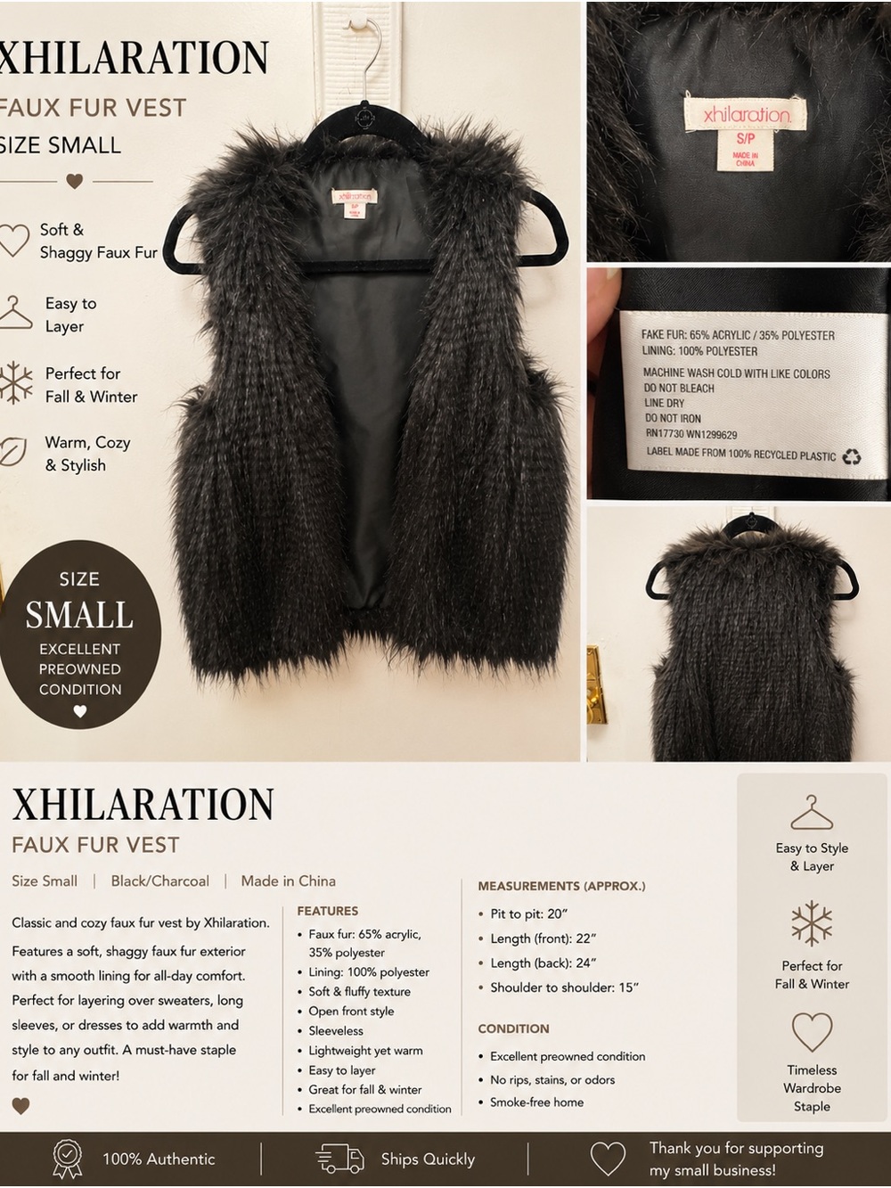 Xhilaration Charcoal Black Shaggy Faux Fur Vest
